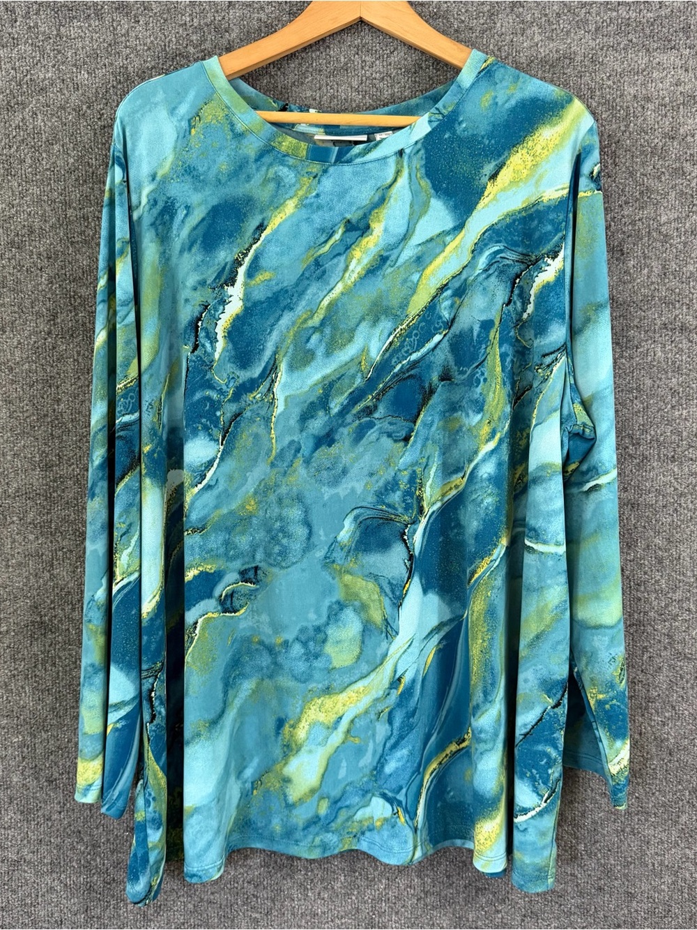 Susan Graver Womens 3X Liquid Knit Long Sleeve Top Teal Green Marble Stretch